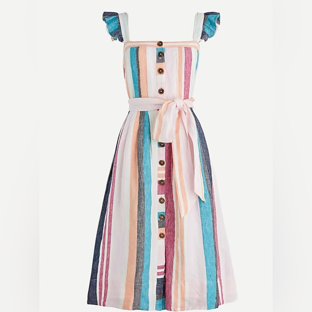 J CREW Linen Button-up midi dress in mixed stripe Multicolor Sleeveless Lined - Picture 3 of 15